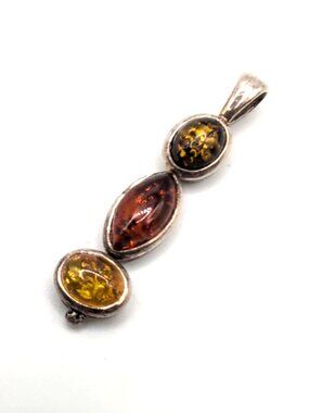 Vintage Tri-Colored Amber and Sterling Silver 925 Pendant 1.75" 4.6g VGC